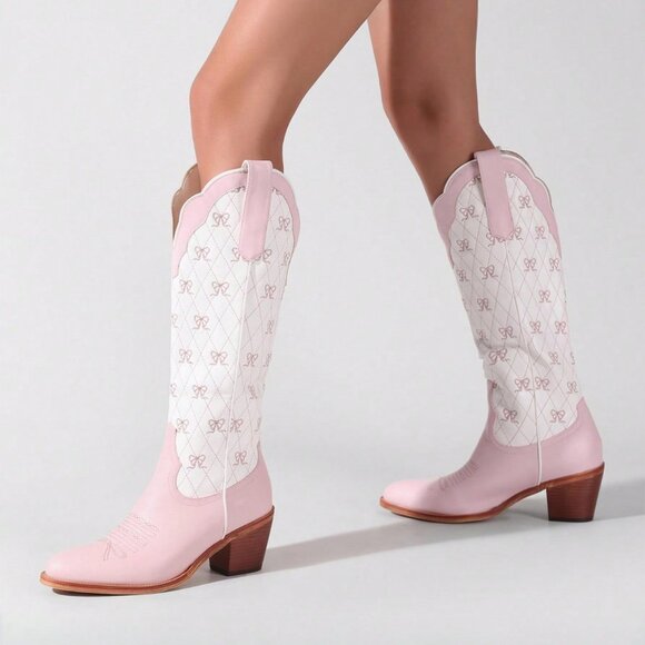 Baby Pink Elegant Women's Knee High Cowboy Boots with Embroidery - Picture 2 of 5